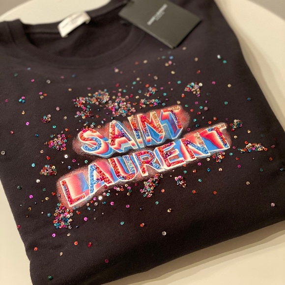 Saint Laurent Neon Logo Sequined Black Sweatshirt - Picture 2 of 6